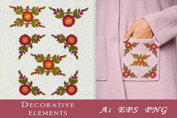 Rosehip Flowers. Stylized Cross Stitch: A Versatile Decorative Element for Creative and Practical Use